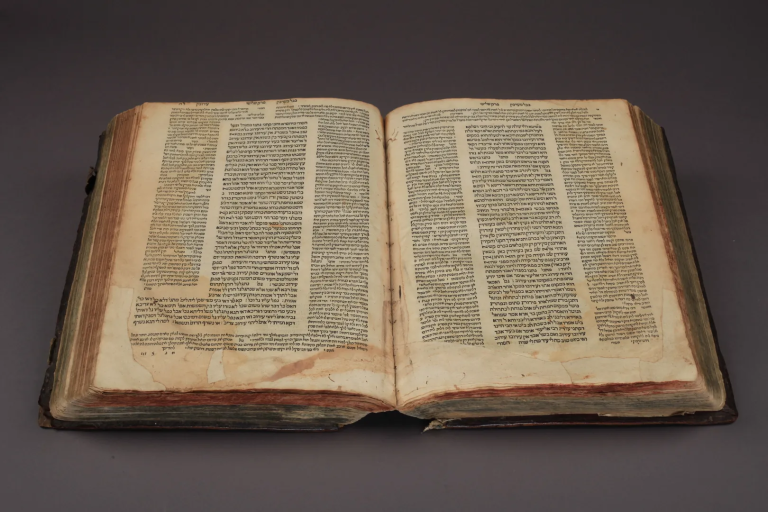 The Talmud on display in the Jewish Museum of Switzerland in Basel, brings together parts from the first two Talmud prints by Daniel Bomberg and Ambrosius Froben